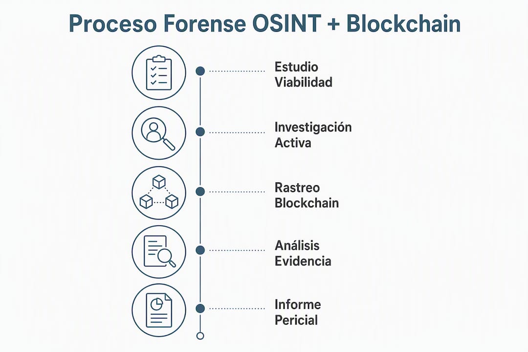 Infografía que explica paso a paso cómo funciona el proceso de OSINT y blockchain