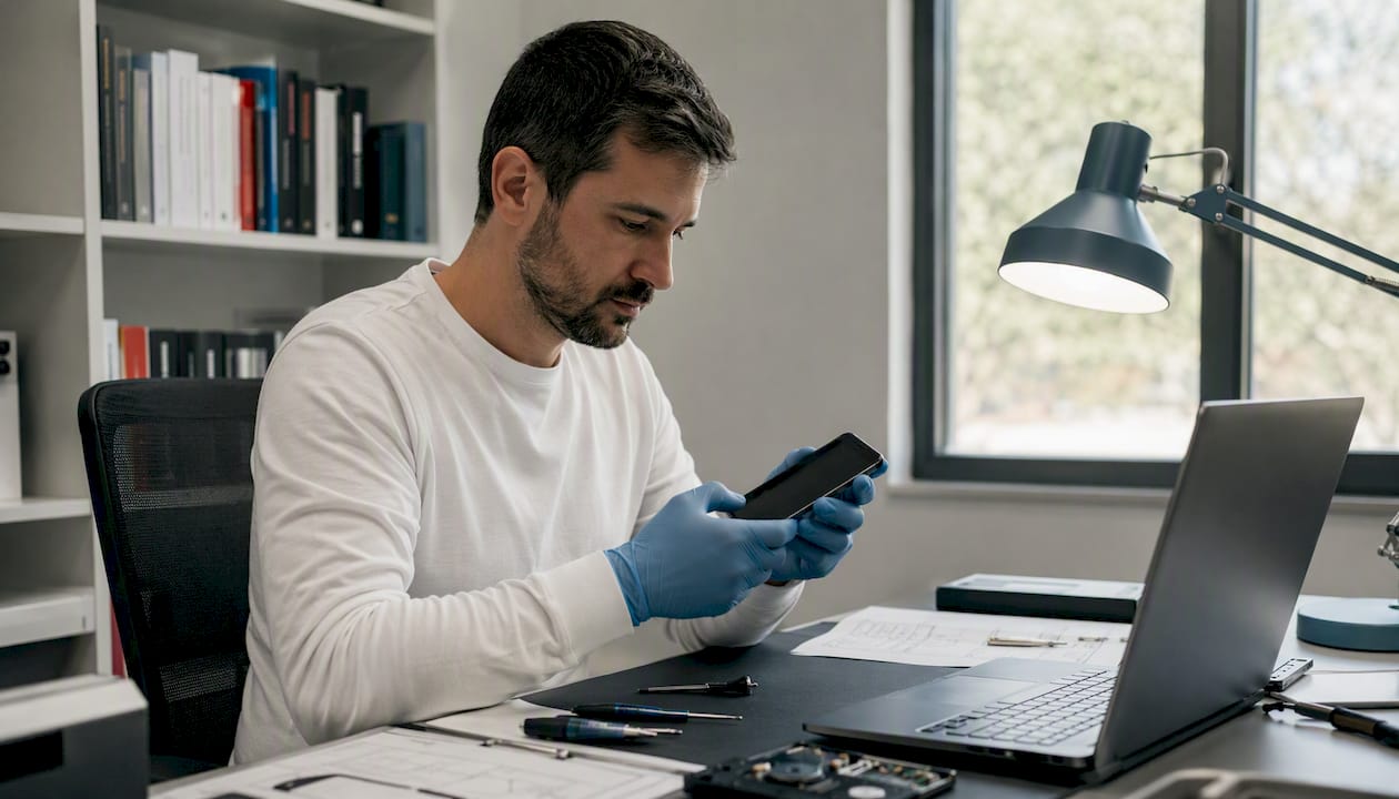 Especialista forense analiza un teléfono móvil en el laboratorio