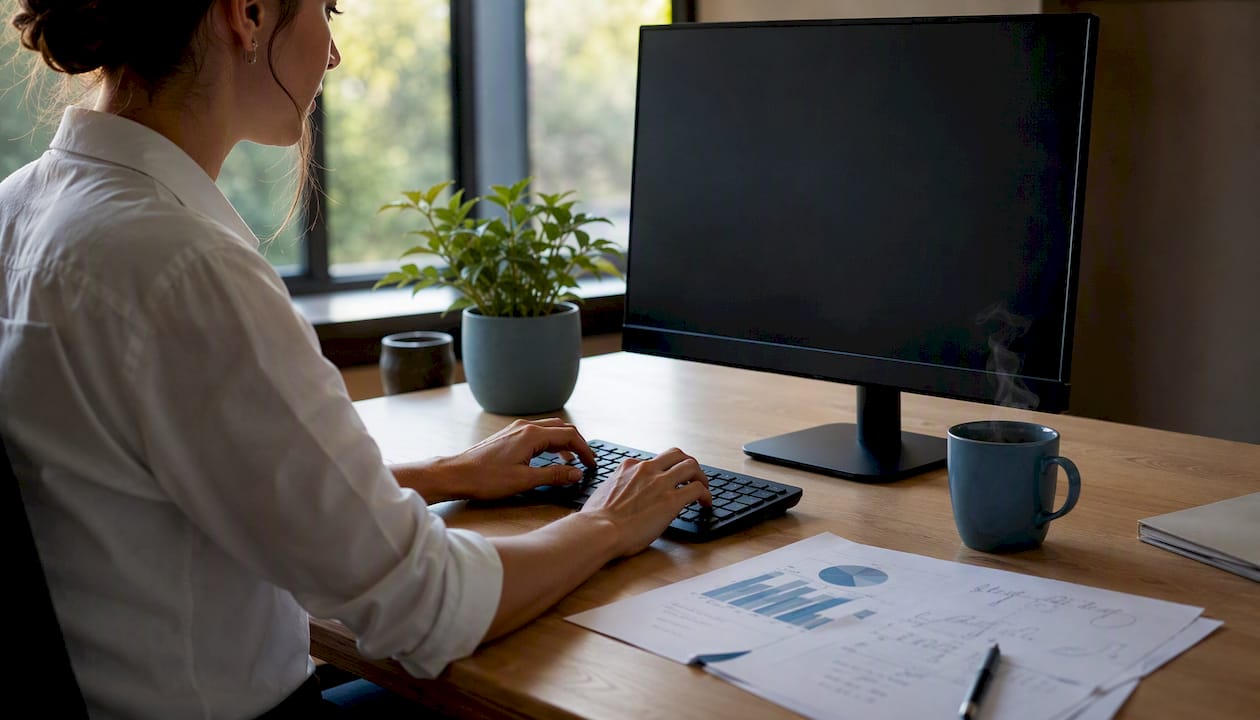 Unas manos tomando notas sobre unos papeles, con el monitor del ordenador apagado al fondo.