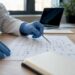 Varias manos analizan un gráfico forense de blockchain sobre la mesa.