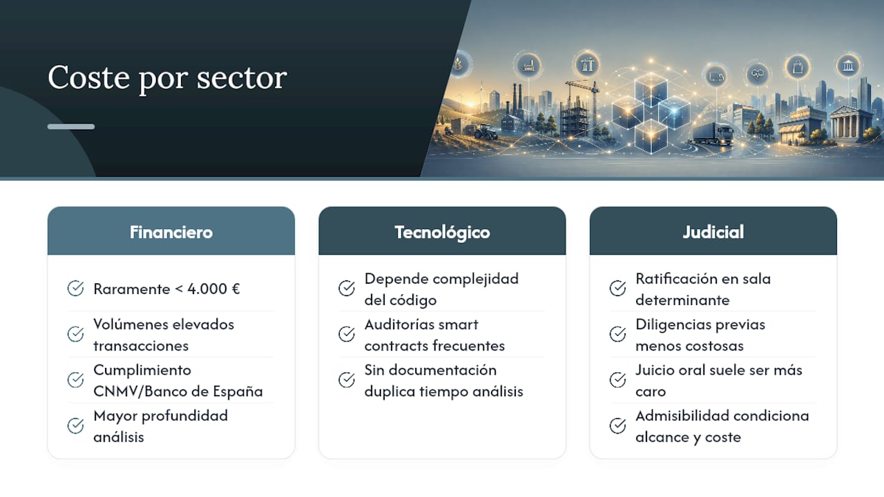 El coste varía según el sector: financiero, tecnológico y judicial — overview diagram
