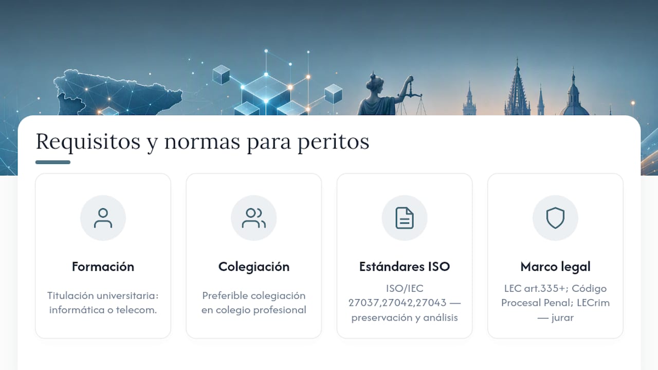 Normativas y certificaciones que deben cumplir los peritos blockchain en España — overview diagram
