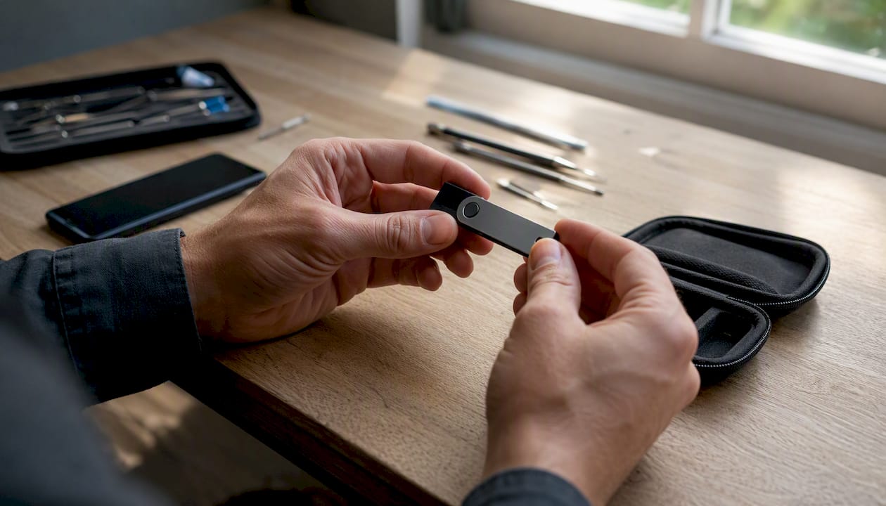 Manos manipulando una cartera hardware para realizar un análisis forense