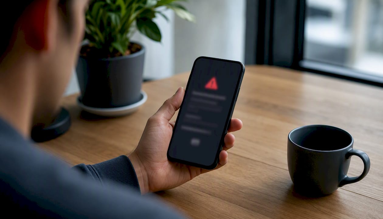 Persona sostiene un móvil que muestra una alerta de posible intento de fraude