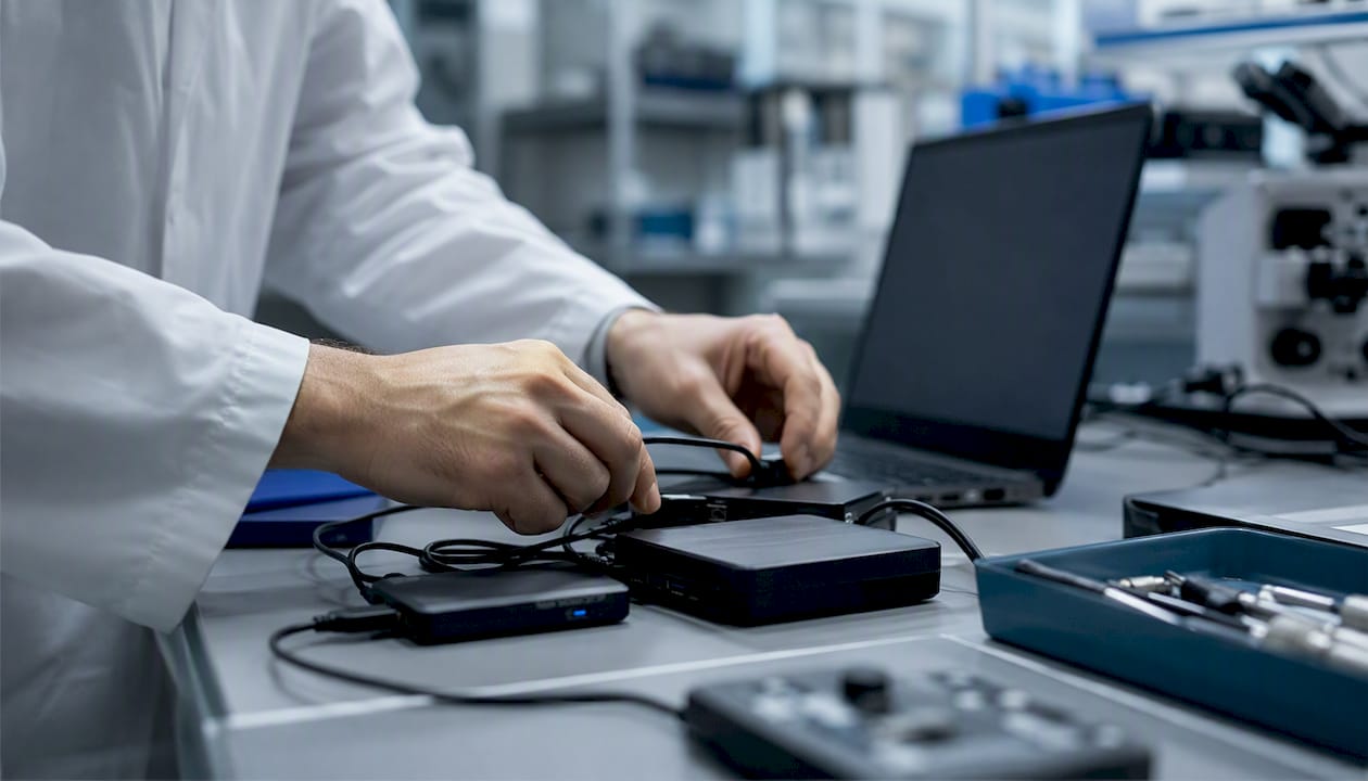 Manos conectando cables para analizar pruebas forenses