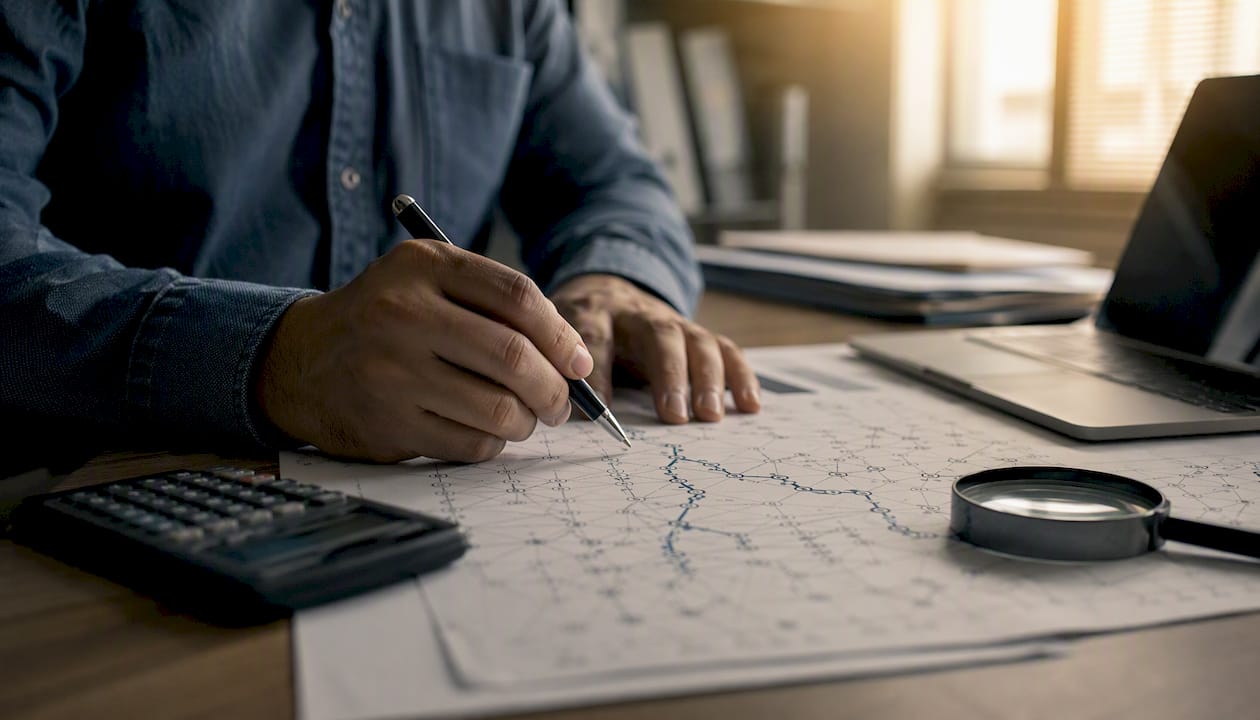Manos siguiendo el rastro de transacciones blockchain en un libro de registros.