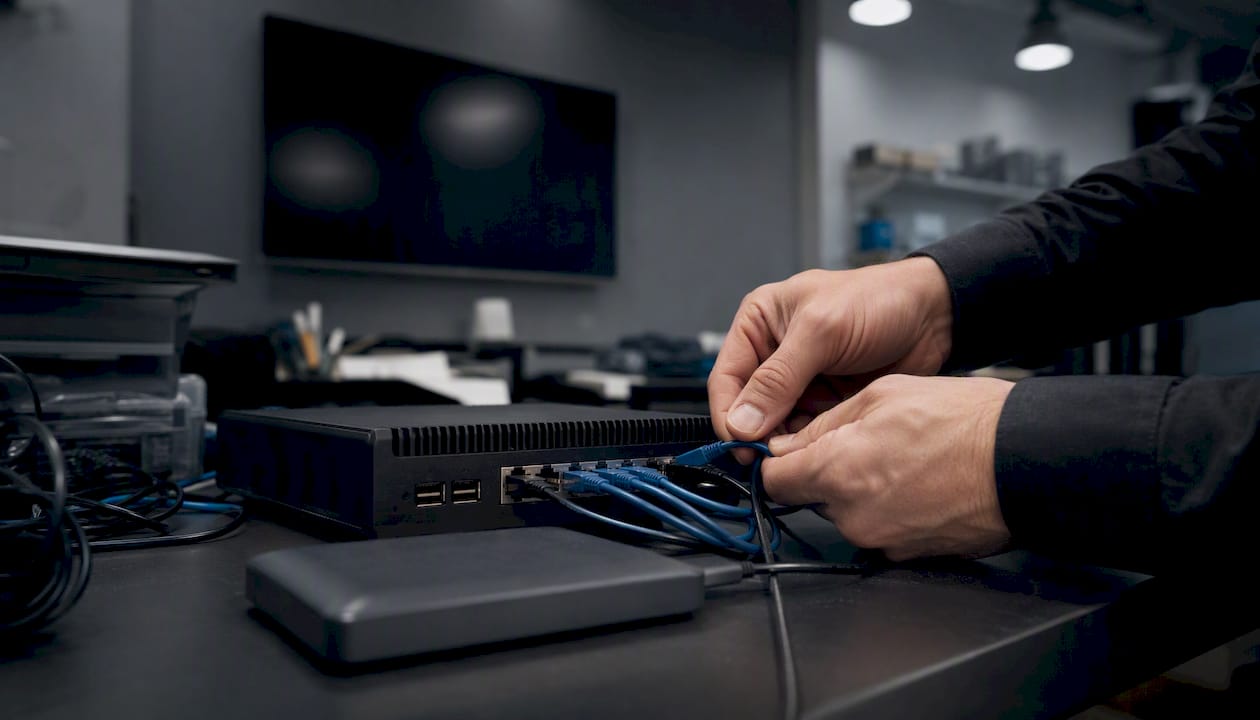 Manos instalando equipos de análisis forense