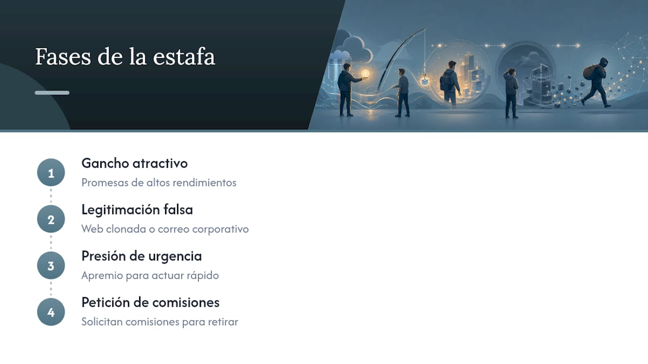 Esquema de las cuatro etapas de una estafa de minería en la nube