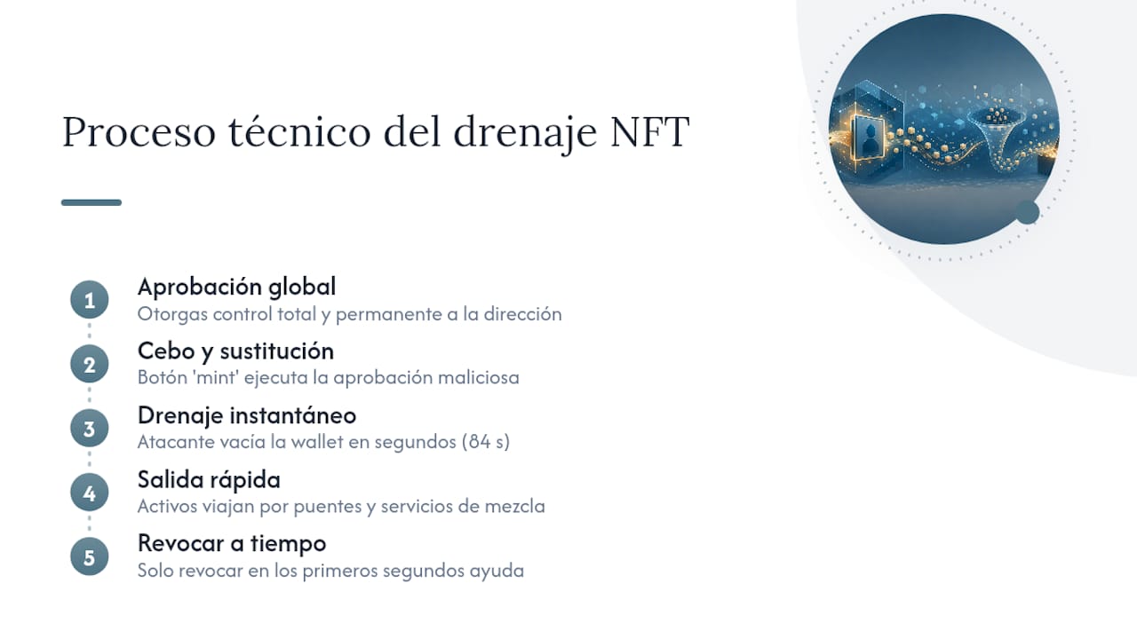 Diagrama del flujo técnico de robo mediante drenaje de NFT