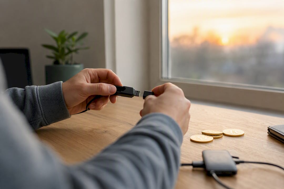 Manos transfiriendo una pequeña cantidad de criptomonedas desde una billetera física