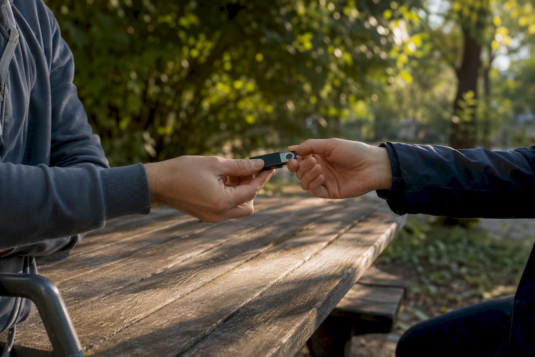 Manos intercambiando una cartera de hardware para criptomonedas al aire libre