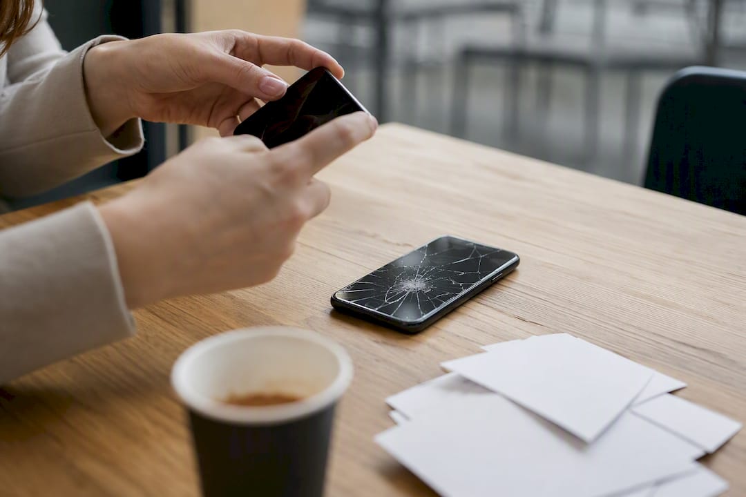 Manos tomando rápidamente fotos de un teléfono inteligente dañado