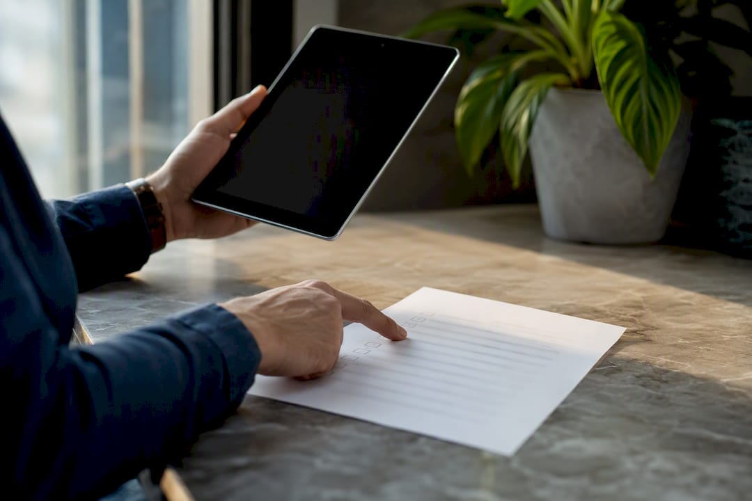 Manos revisando una lista de verificación junto a una tableta