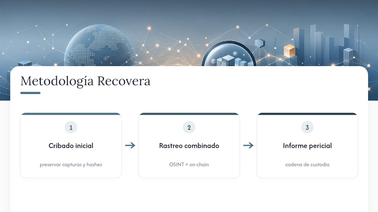 Diagrama del proceso de investigación en tres fases de estafas en Telegram de Recovera