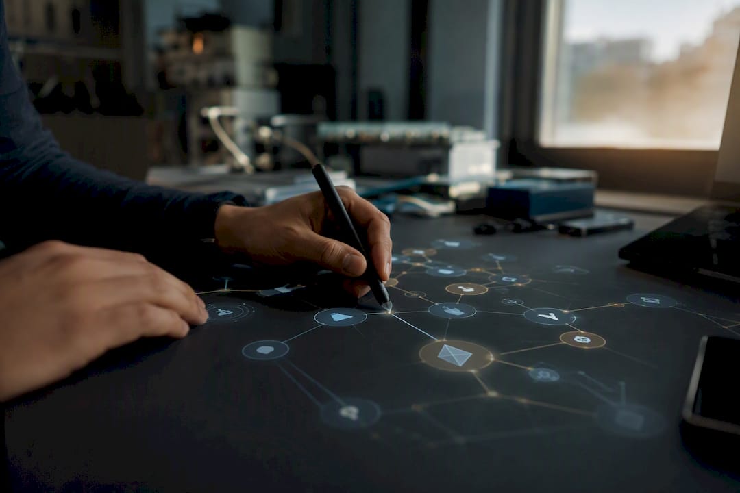 Manos siguiendo enlaces de transacciones blockchain en papel