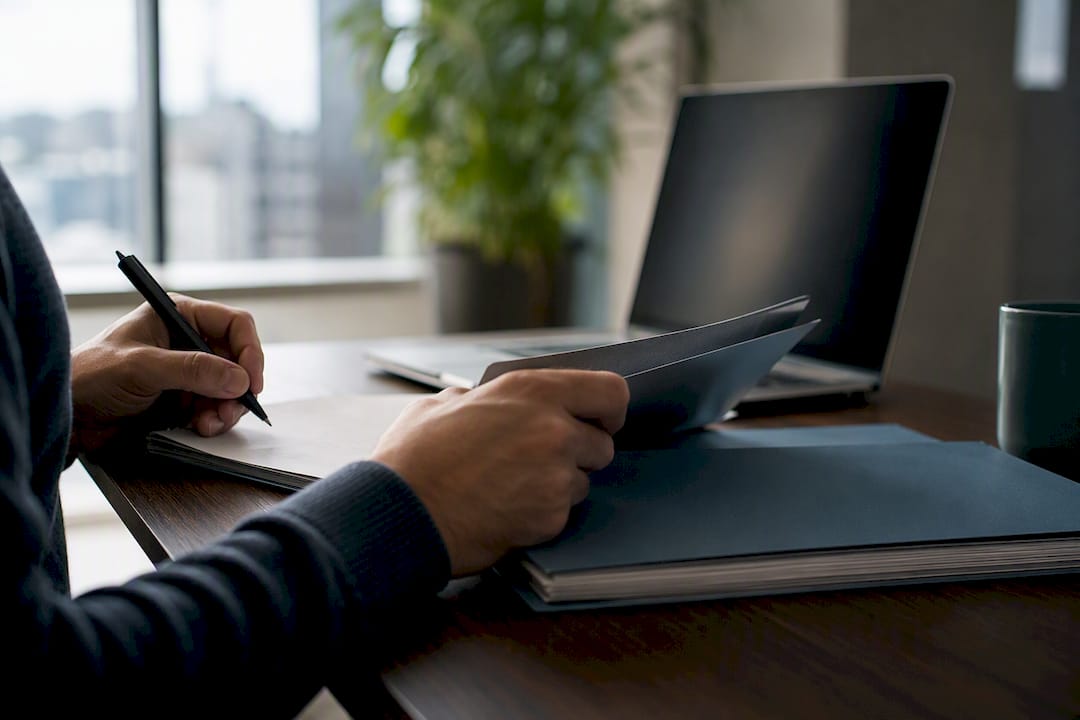 Manos organizando fichas de datos forenses