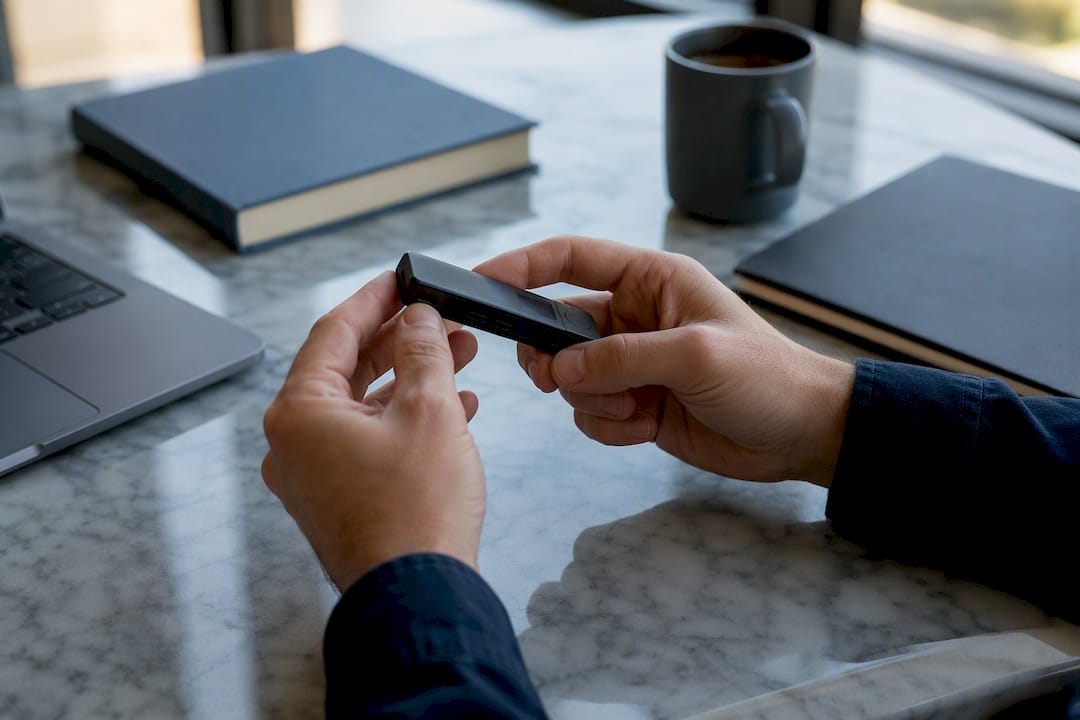 Manos revisando una billetera de hardware para criptomonedas