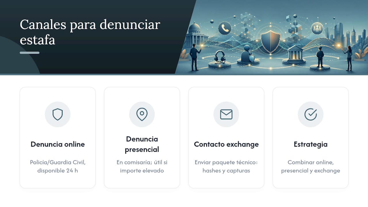 Diagrama que muestra tres vías para reportar estafas en intercambios