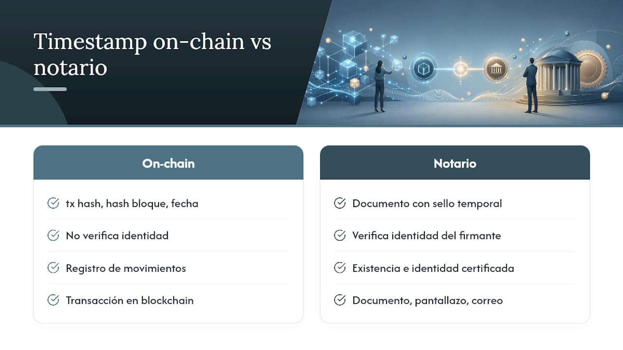 Timestamp on-chain vs notario electrónico: qué aporta cada prueba forense — overview diagram