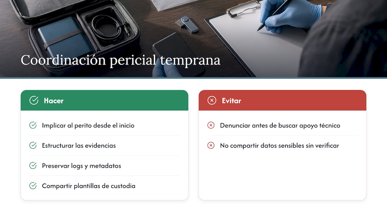 Por qué conviene implicar al perito desde la primera diligencia — overview diagram