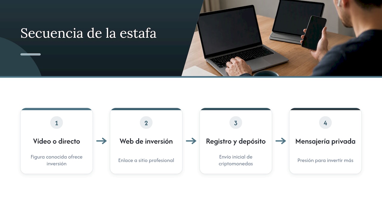 Secuencia de una estafa cripto con deepfake